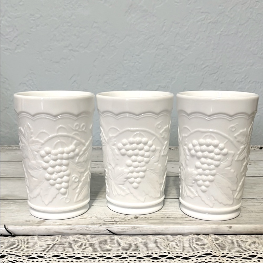 3 Vintage Imperial Glass White Milk Glass Harvest Grape Pattern Tumbler 4 7/8"